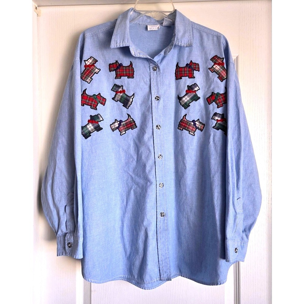 Mystic Blues Scottie‎ Dog Plaid Patch Button Down Shirt Blue Plus 22W Vintage